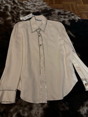 Zara Cream Button-Down Shirt with Crystal Trim